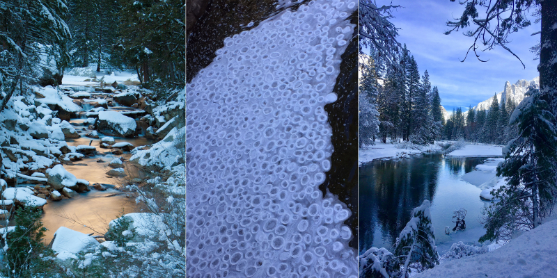 Winter water. <br>Left to right: Tenaya Creek, by Tim Cederwall; winter jellyfish (just kidding, that's ice!), by Zita McKindsey; and a snowy scene on the Merced, by Rawn Rootwalker. 